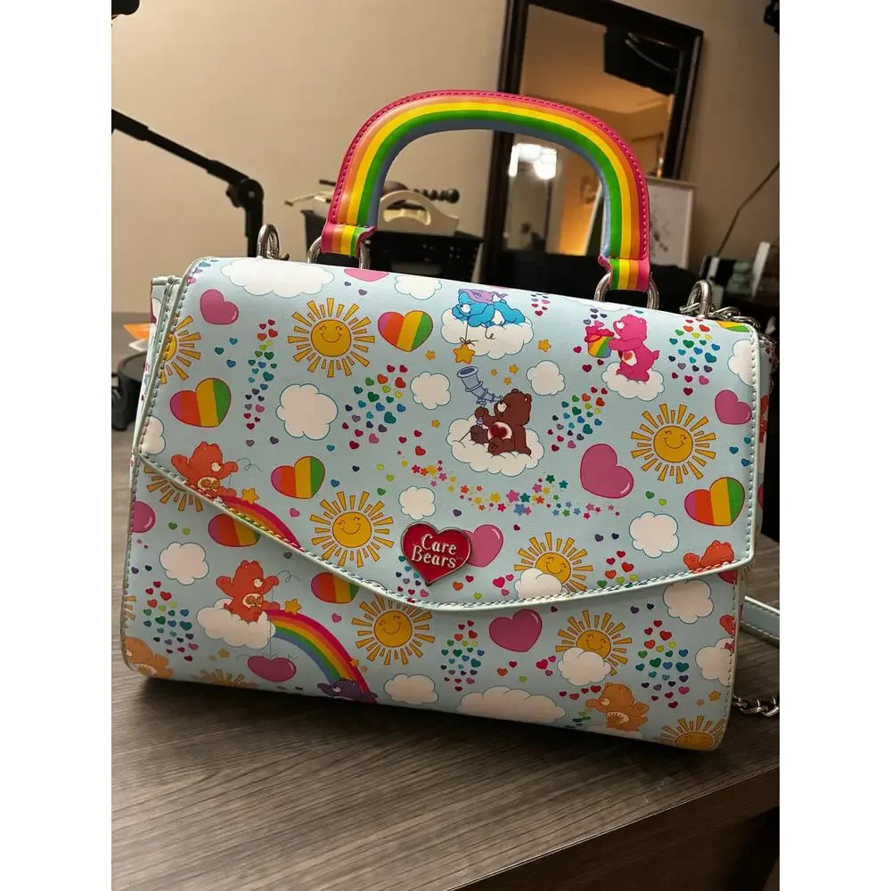 Loungefly Care Bears Rainbow Hearts Crossbody Satchel Bag Pastel Blue